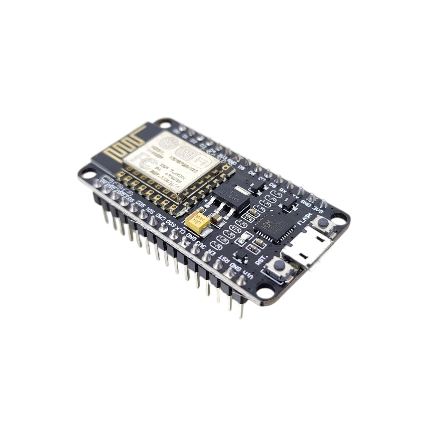 Black NodeMCU ESP8266 Wi-Fi development board angled view showing micro-USB port.