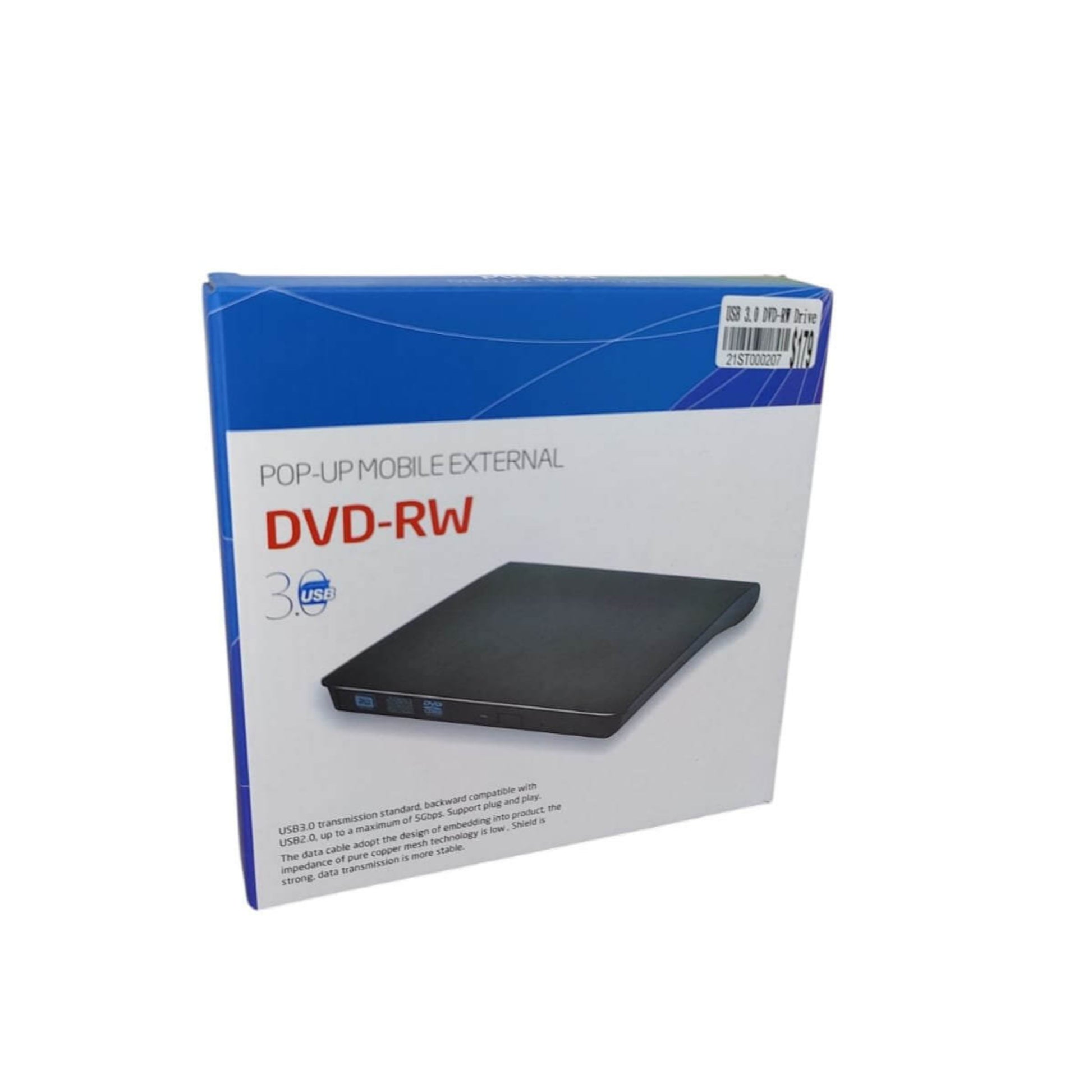 External USB DVD-RW drive in packaging, designed for portable data transfer with high-speed connectivity.