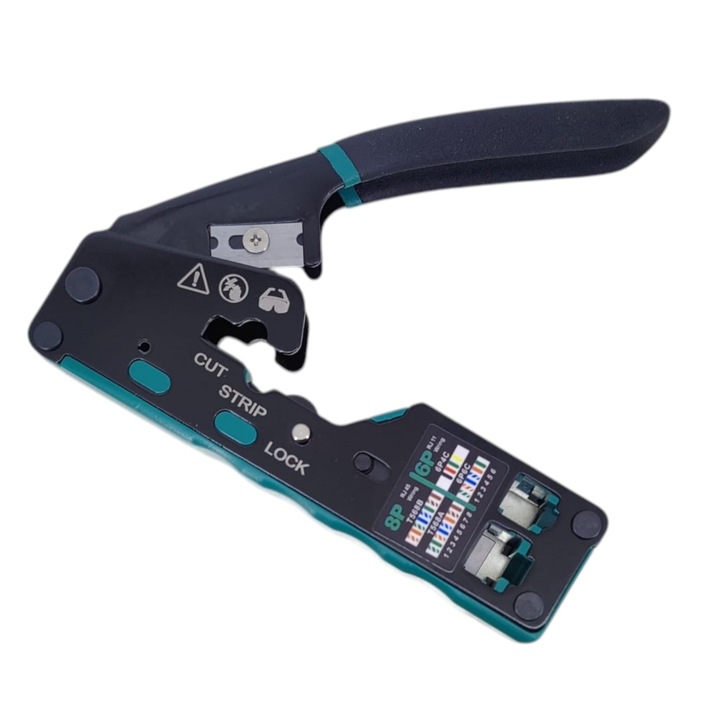 Green all-in-one EZ pass-through RJ45 crimper tool (Model 6088) showing cut, strip, and 8P/6P ports.