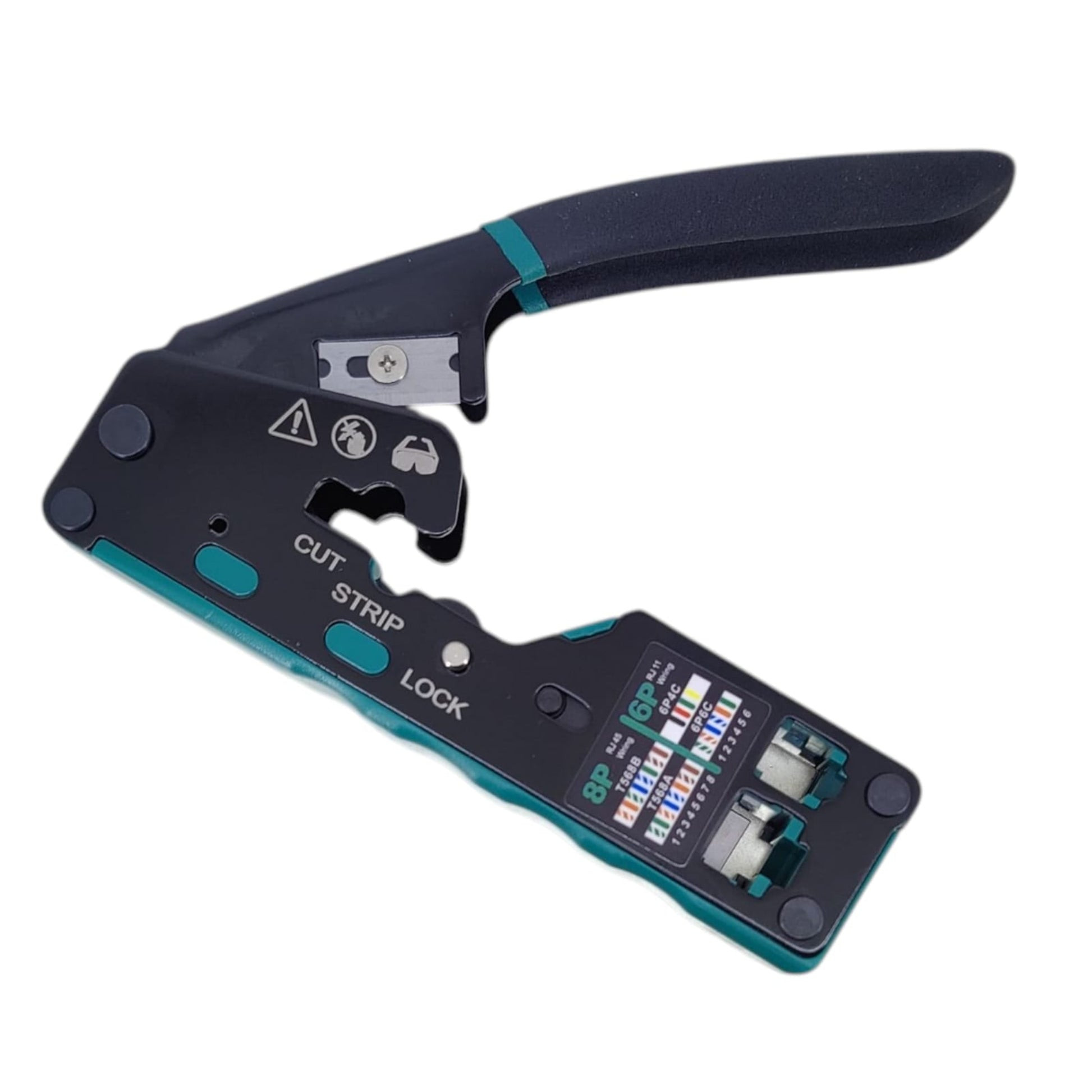 Green all-in-one EZ pass-through RJ45 crimper tool (Model 6088) showing cut, strip, and 8P/6P ports.