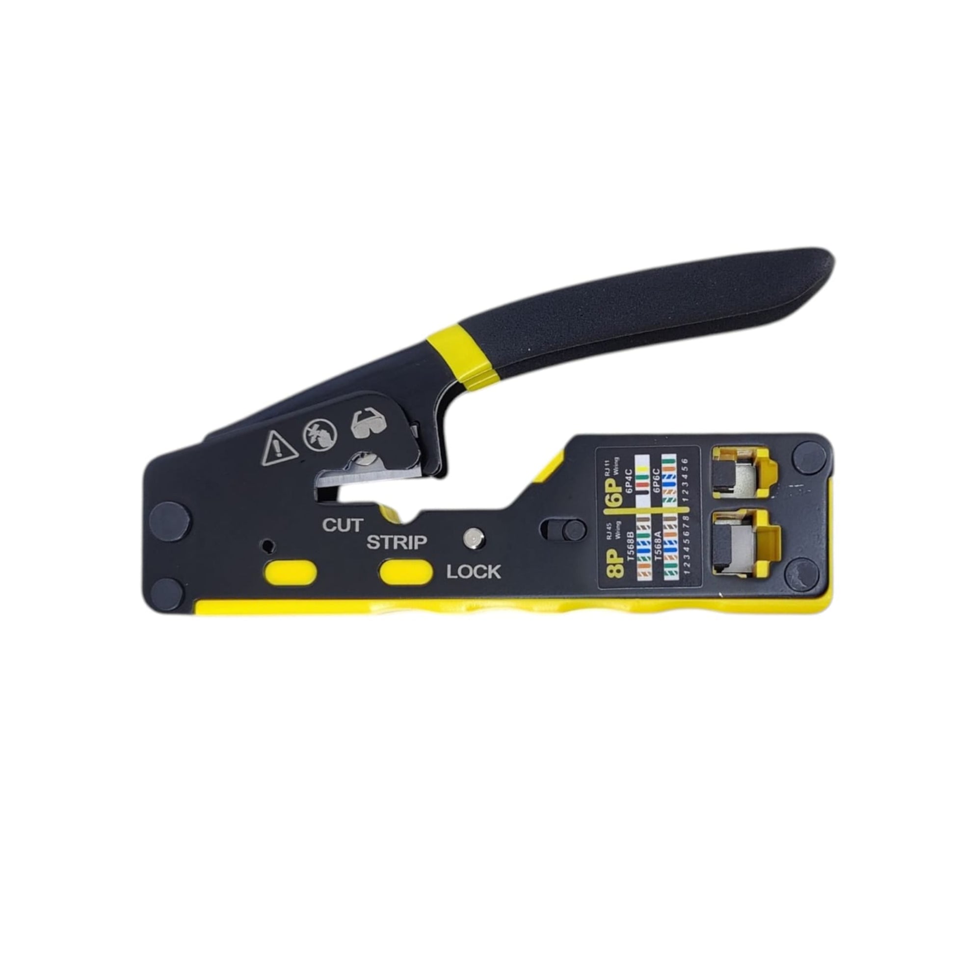 Yellow all-in-one EZ pass-through RJ45 crimper tool (Model 6088) for RJ45 and RJ11 plugs.