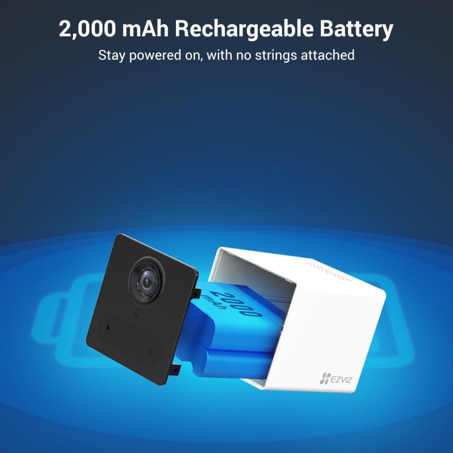 EZVIZ CB2 Mini Camera with 2000 mAh rechargeable battery for wireless convenience.