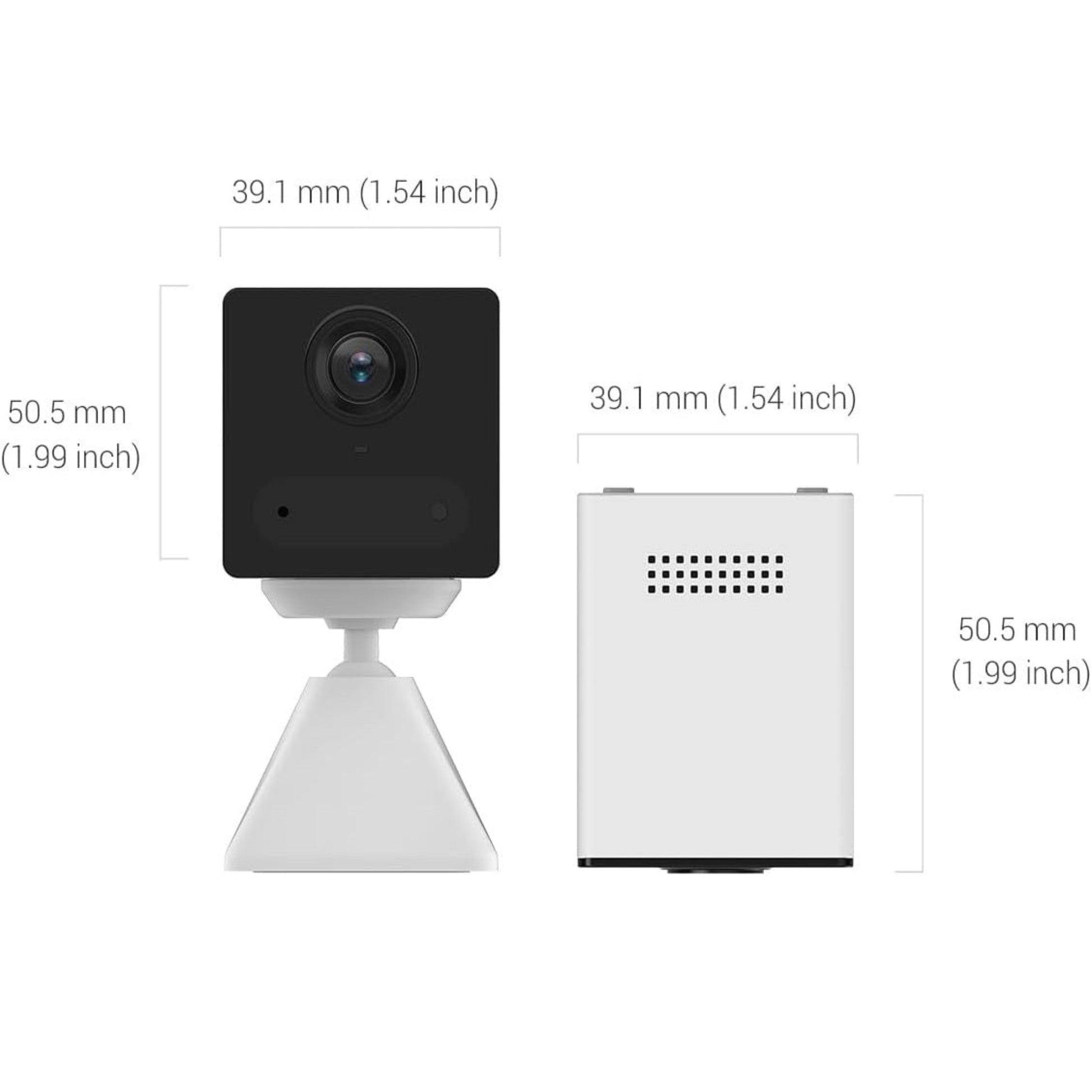 EZVIZ CB2 Mini Wireless Battery Camera showing dimensions 39.1mm x 50.5mm. Compact design for indoor security.