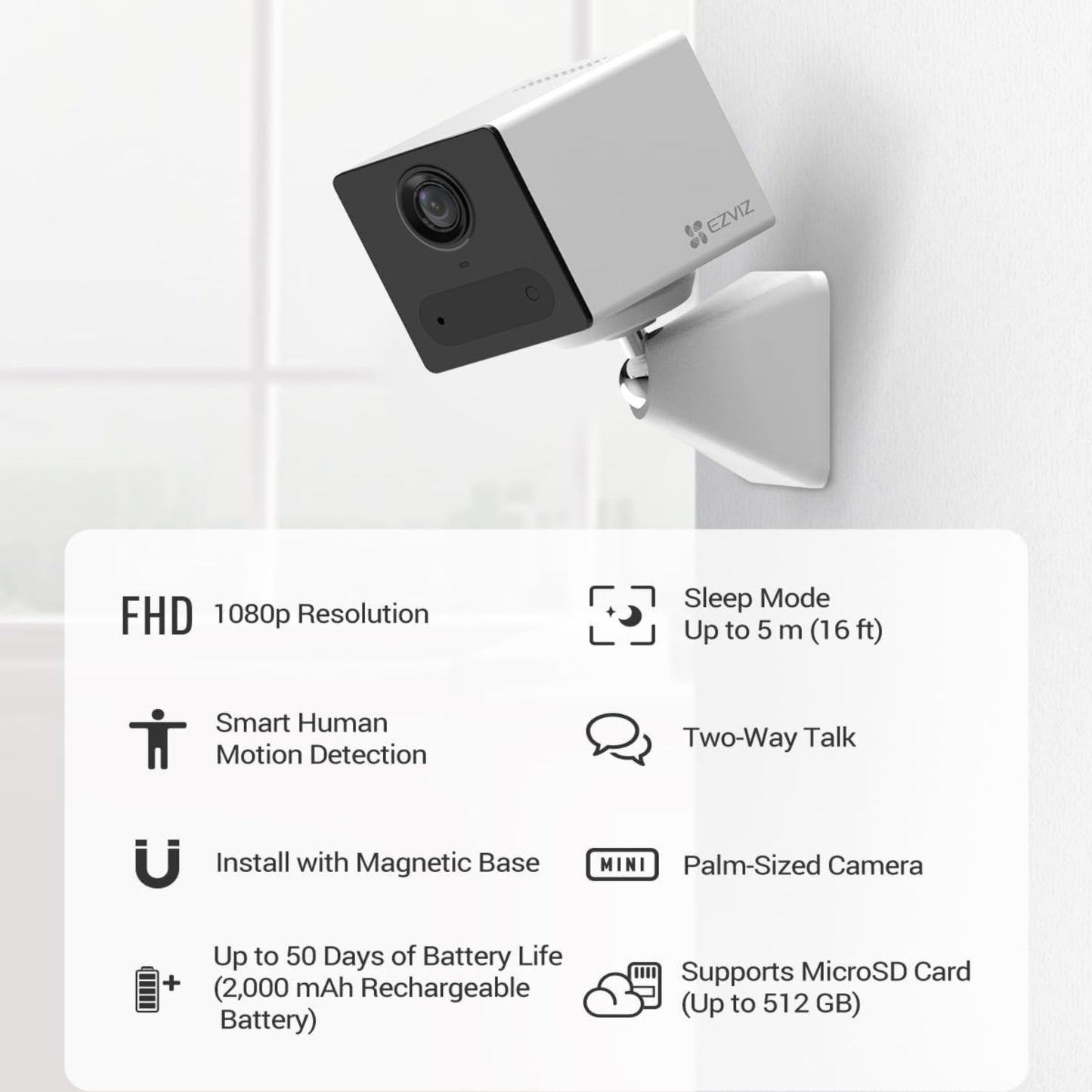 EZVIZ CB2 Mini Wireless Battery Camera features 1080p resolution, human detection, and 50 days battery life.