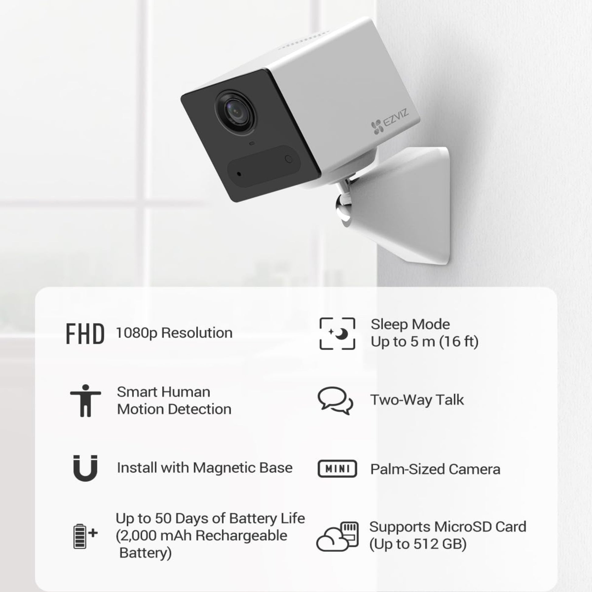 EZVIZ CB2 Mini Wireless Battery Camera features 1080p resolution, human detection, and 50 days battery life.