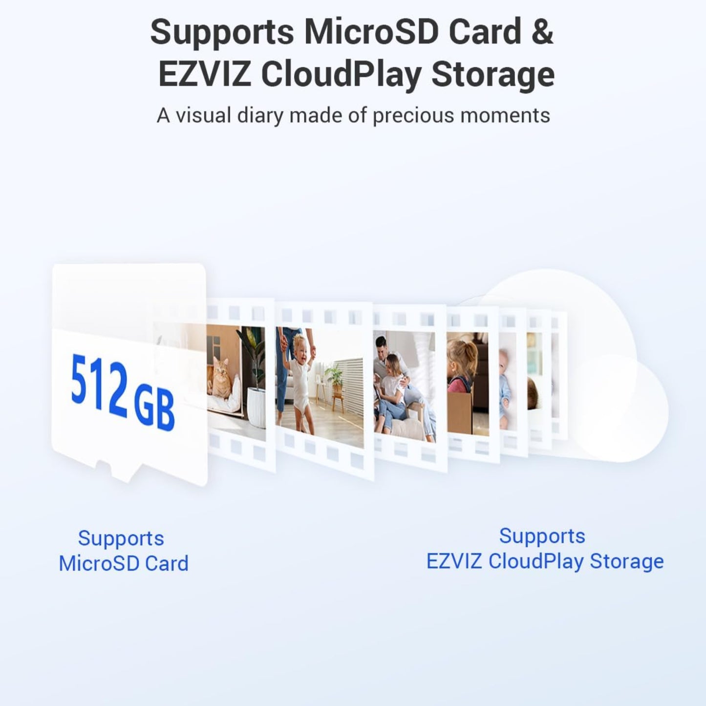 EZVIZ storage options featuring 512GB MicroSD card support and EZVIZ CloudPlay storage for preserving precious moments.