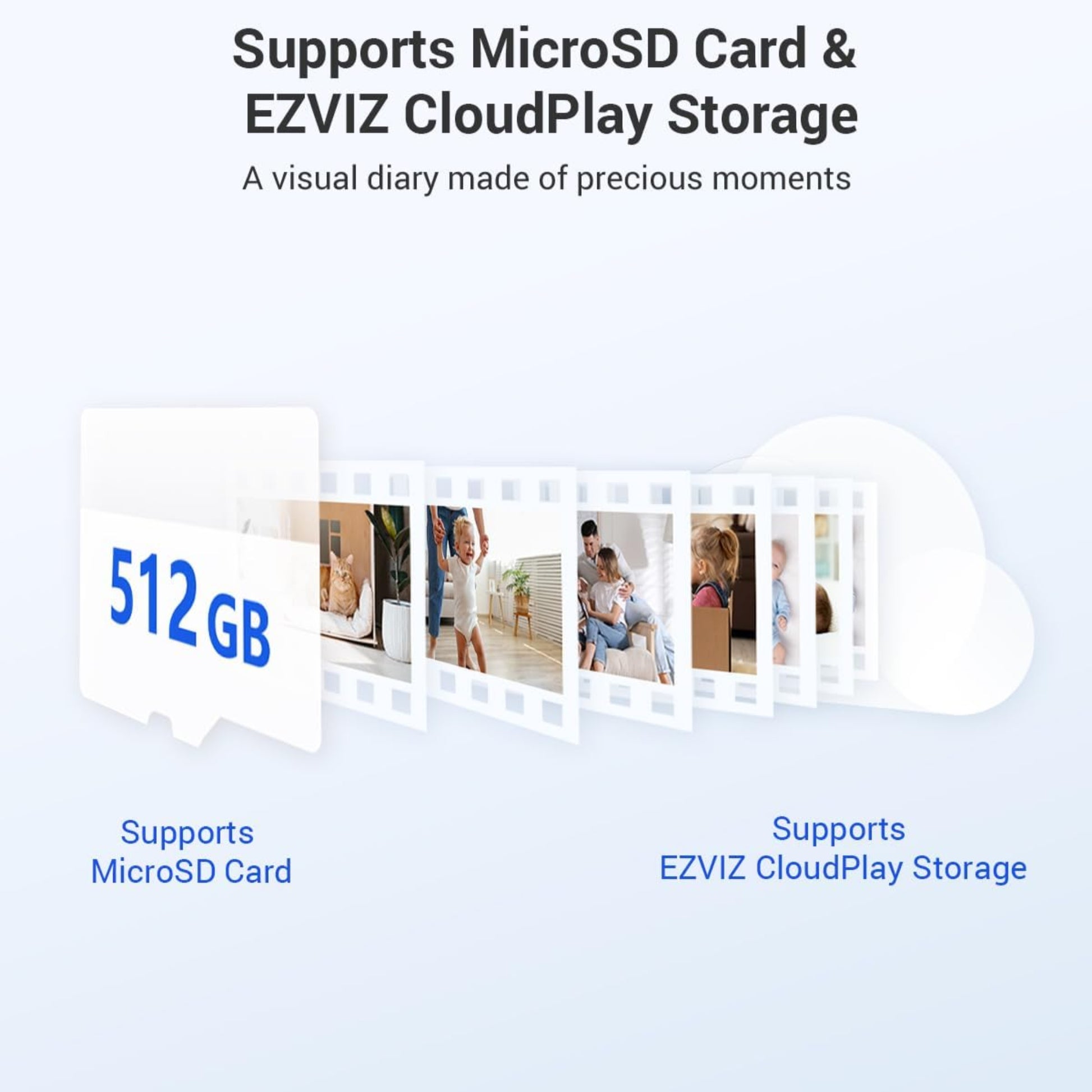 EZVIZ storage options featuring 512GB MicroSD card support and EZVIZ CloudPlay storage for preserving precious moments.