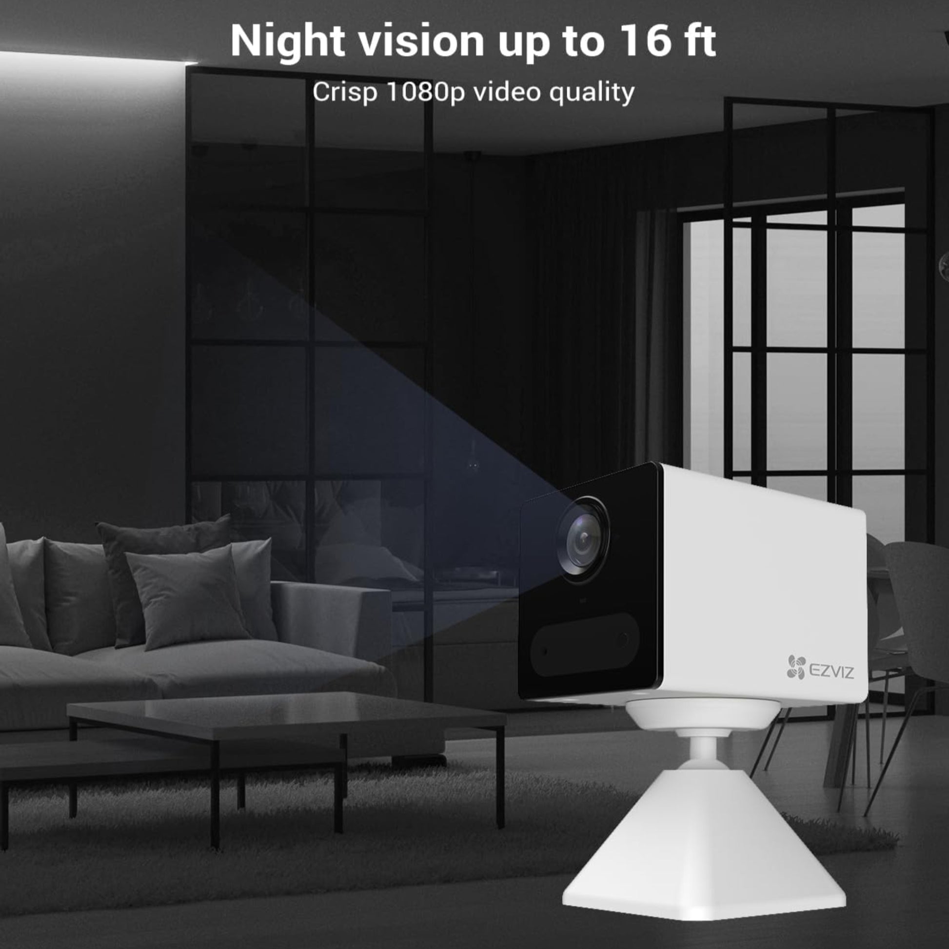 EZVIZ CB2 Mini Wireless Battery Camera showcasing night vision up to 16 ft and 1080p video quality in a modern living room.