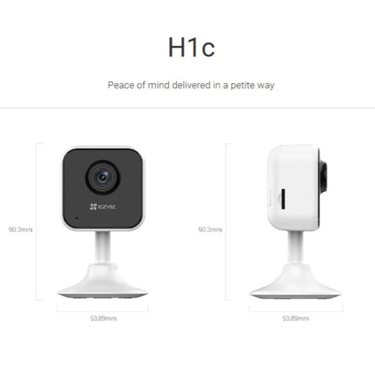 Product dimensions of the compact EZVIZ H1c camera, showing it is 90.3mm tall and 53.89mm wide.