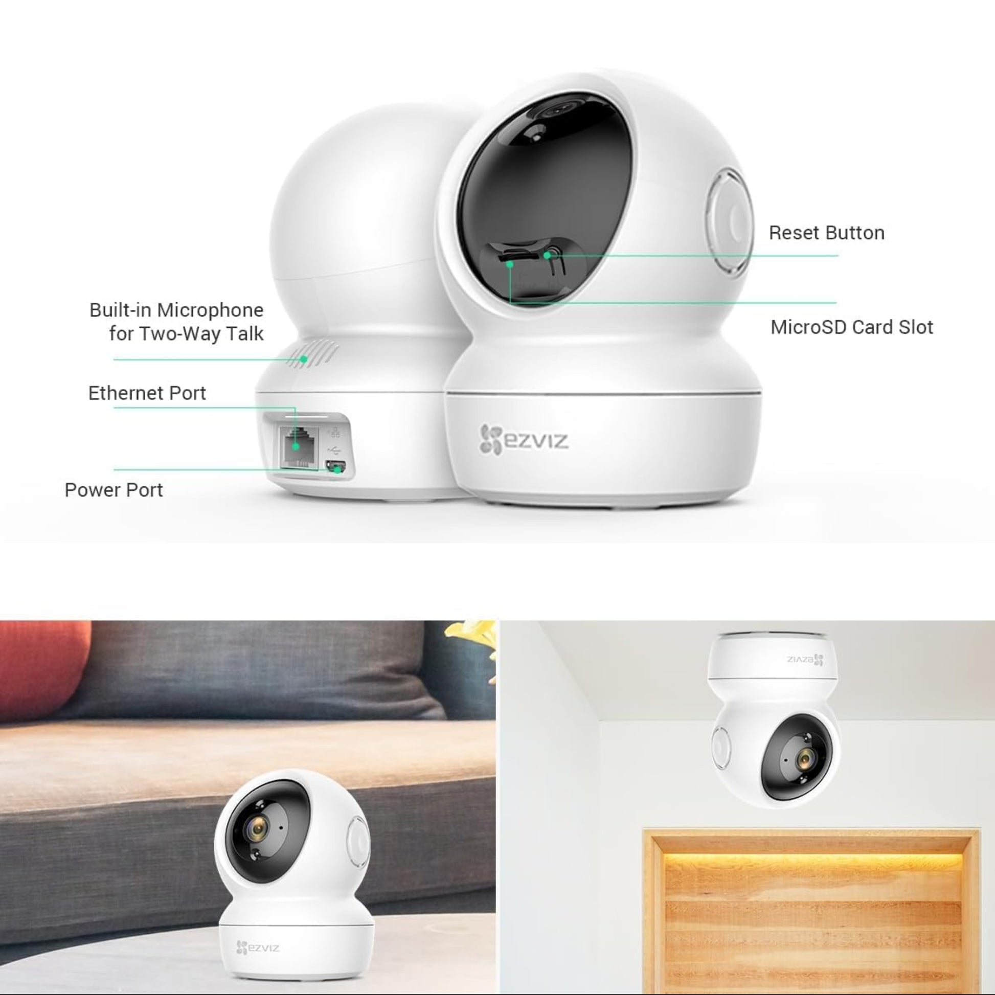EZVIZ H6c Pro hardware details: Ethernet, MicroSD slot, power port. Shows flexible ceiling or table installation.