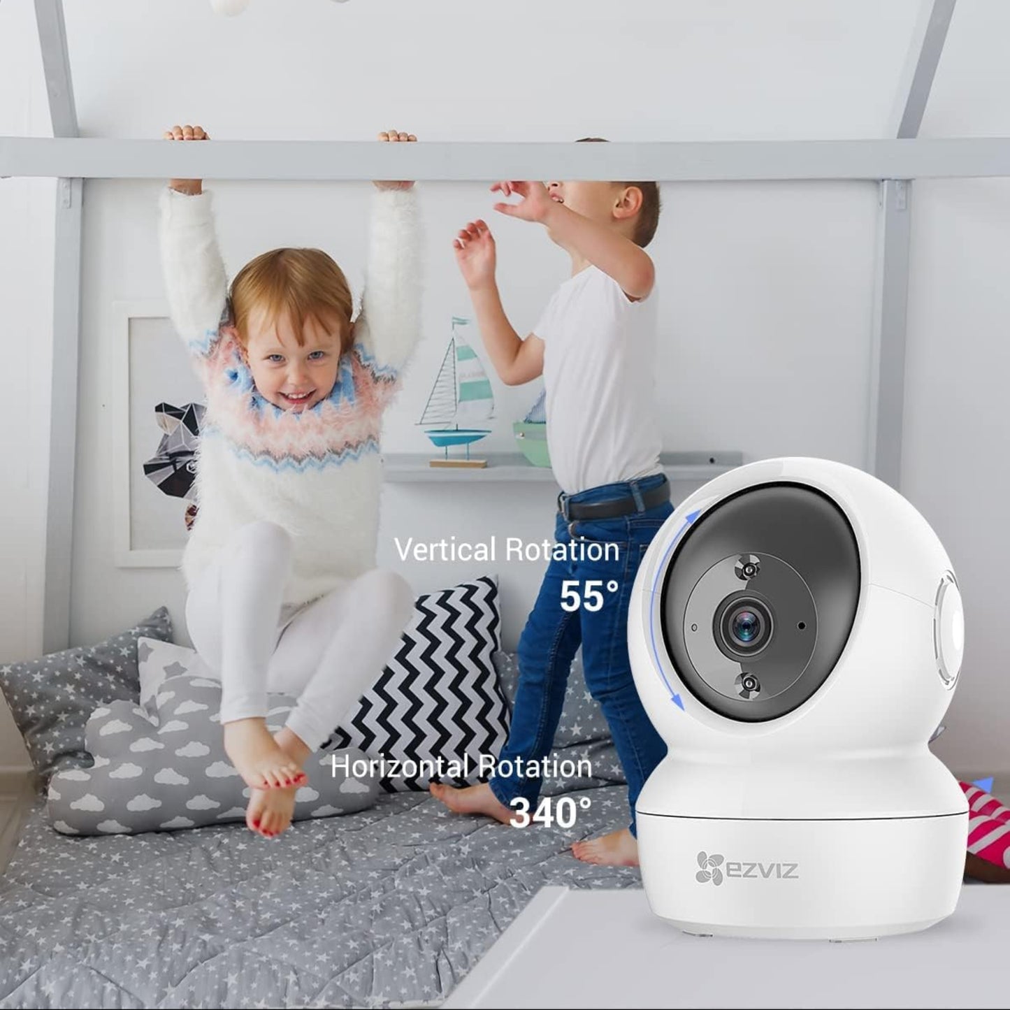 EZVIZ H6c Pro smart tracking feature. 360-degree pan and tilt coverage for monitoring children playing indoors.