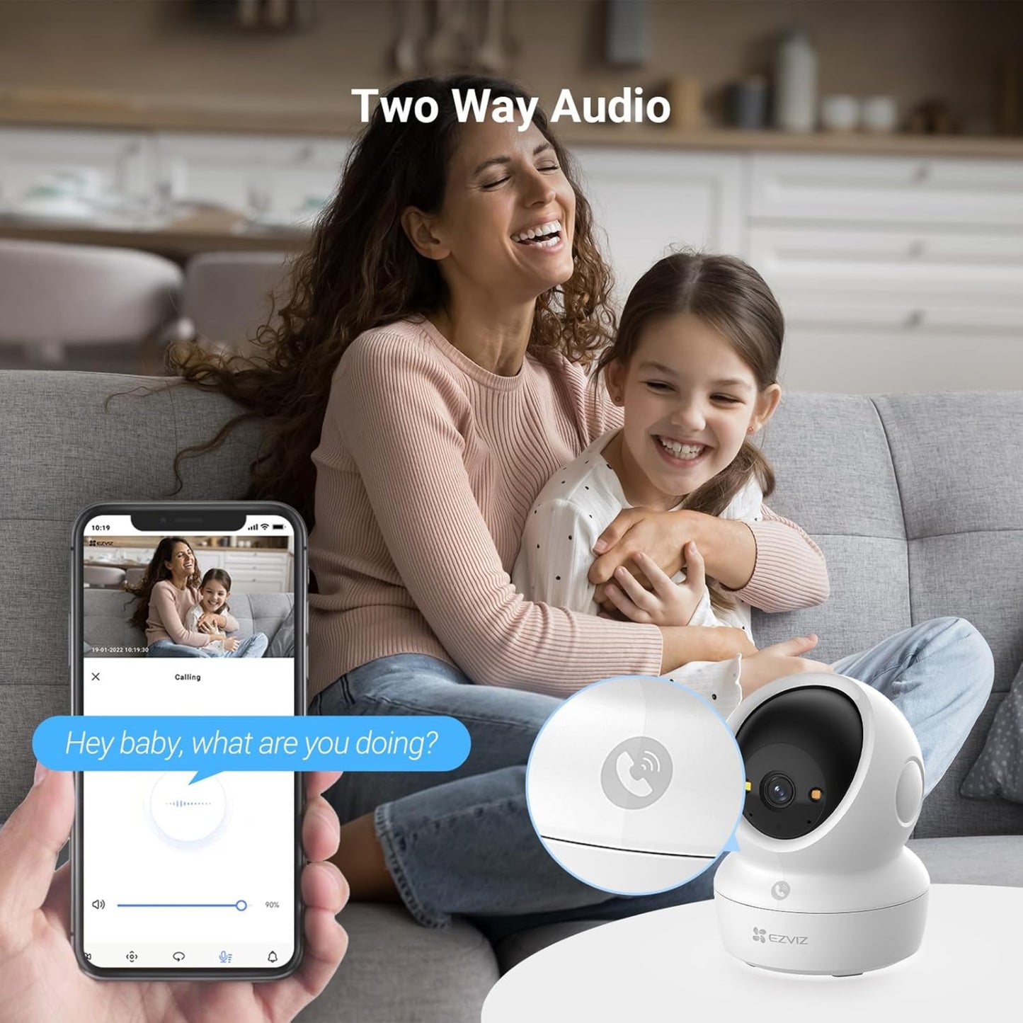 Two-way audio and one-touch call feature on EZVIZ H6c Pro. Family interacting seamlessly via smartphone app.