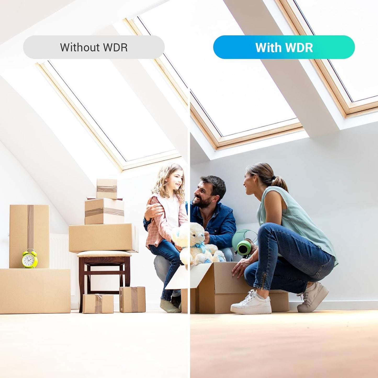 EZVIZ H6c Pro Wide Dynamic Range (WDR) comparison showing clear image quality in bright indoor lighting.
