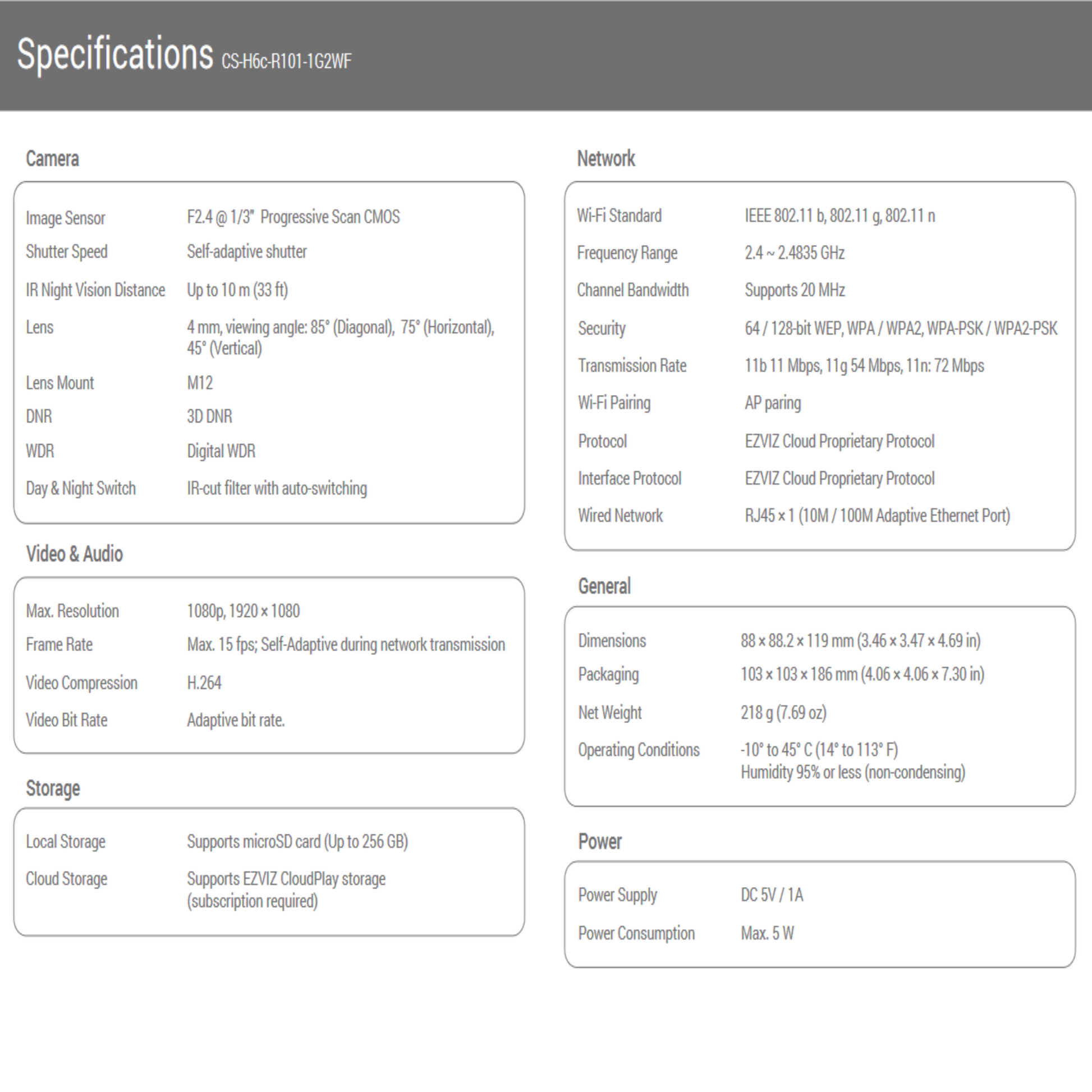 EZVIZ H6C Pro 1080P indoor camera specifications, including features, network details, and power requirements.
