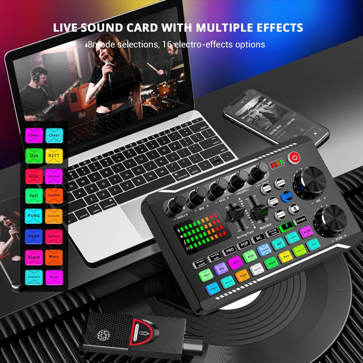 F998 audio interface connected to a laptop for professional music recording and live streaming.
