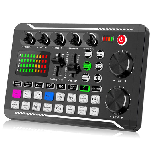 F998 live sound card audio mixer with RGB lighting for podcasting and streaming.