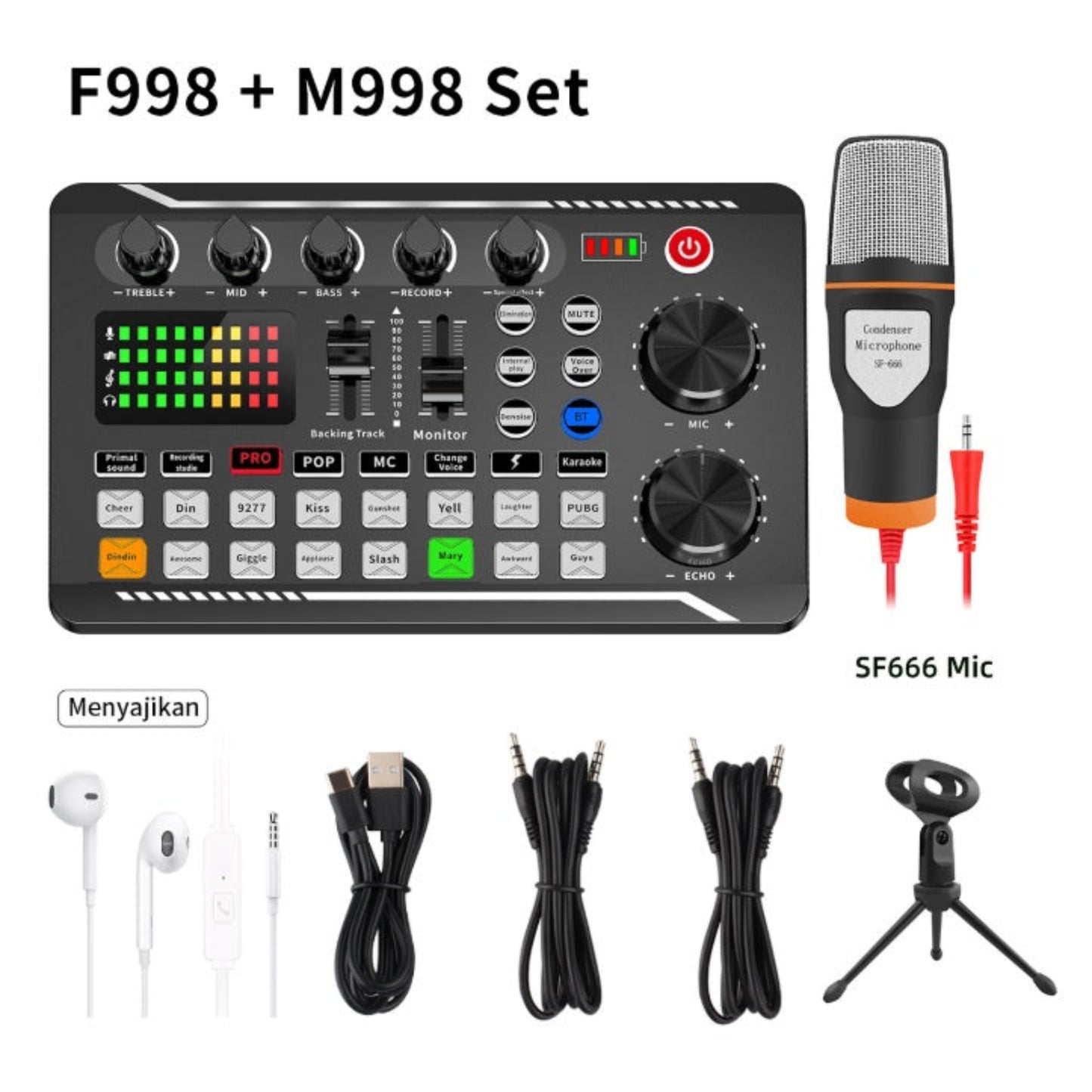 F998 and M998 microphone set with tripod stand, earphones, and connection cables.