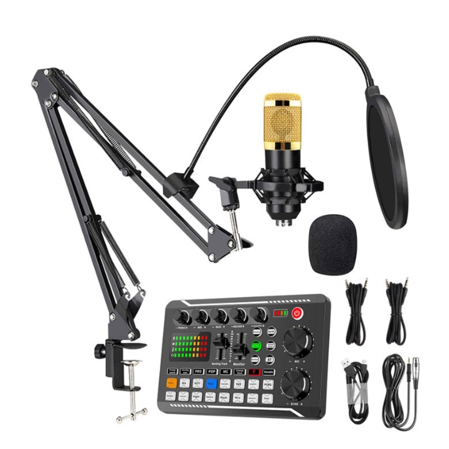 Full podcast equipment kit including F998 mixer, condenser mic, pop filter, and adjustable boom arm.