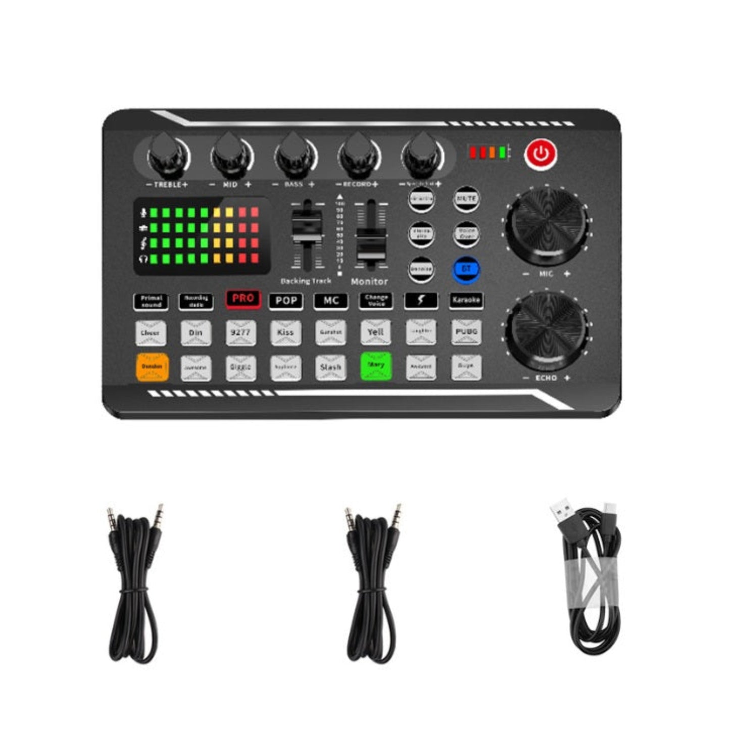 Top view of Facmogu F998 audio mixer with USB-C and 3.5mm audio cables included in the box.