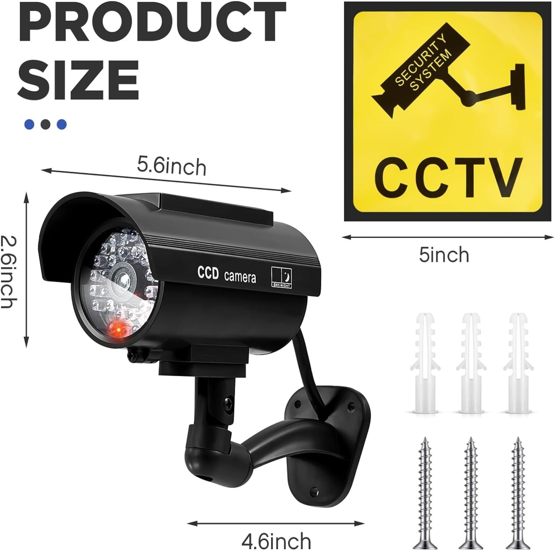 仿真監控鏡頭尺寸標示（5.6x4.6 吋）及配件圖。Dimensions of fake security camera with installation accessories.