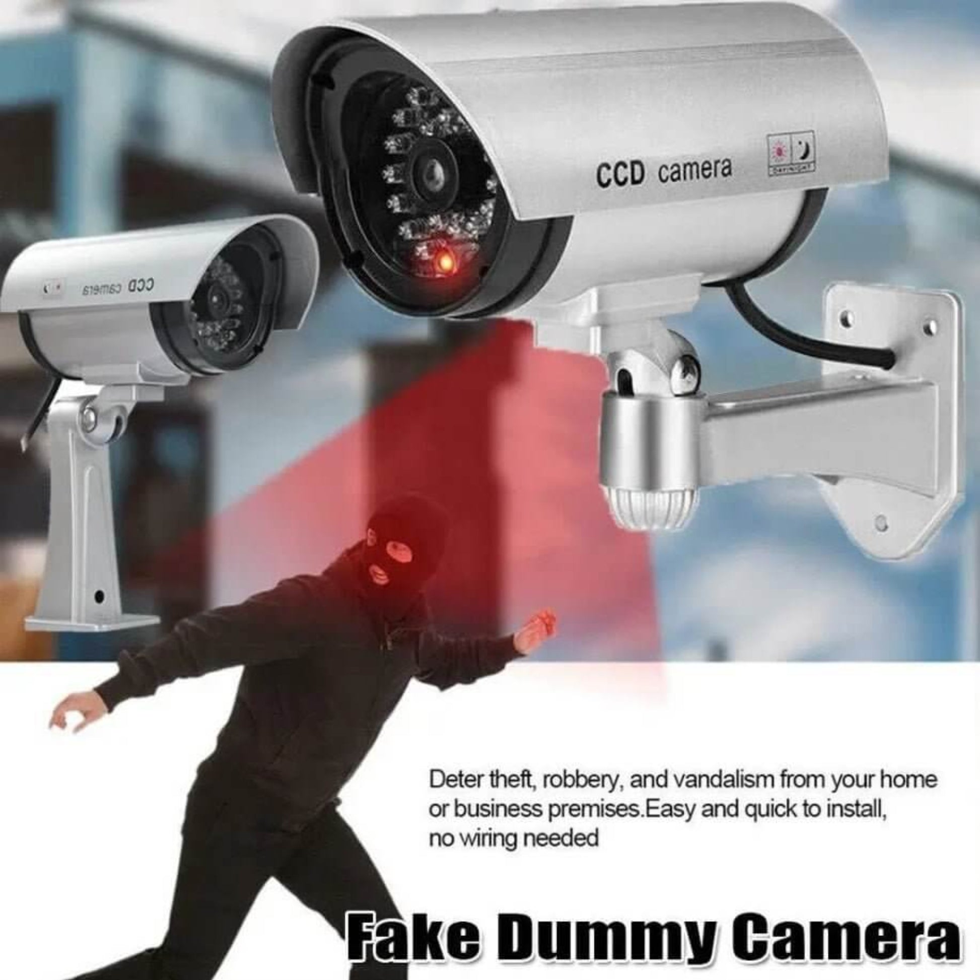 Realistic dummy security camera with LED, deterring theft and vandalism for home and business protection.