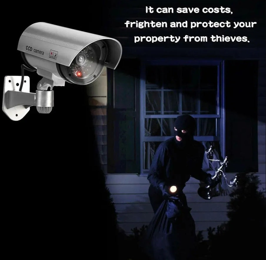 Silver dummy security camera with a glowing red LED light.