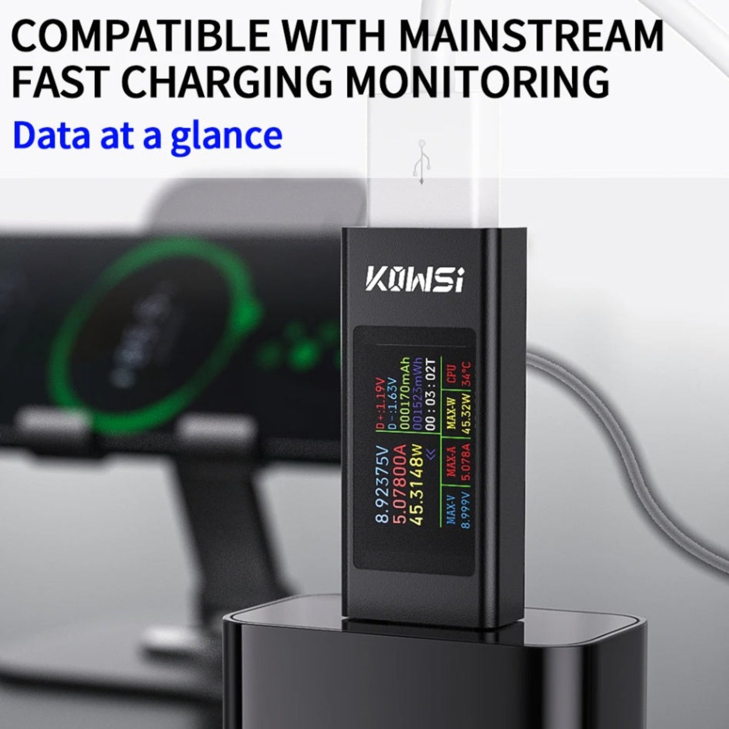 USB multimeter monitoring mainstream fast charging data on a smartphone with clear data-at-a-glance display.