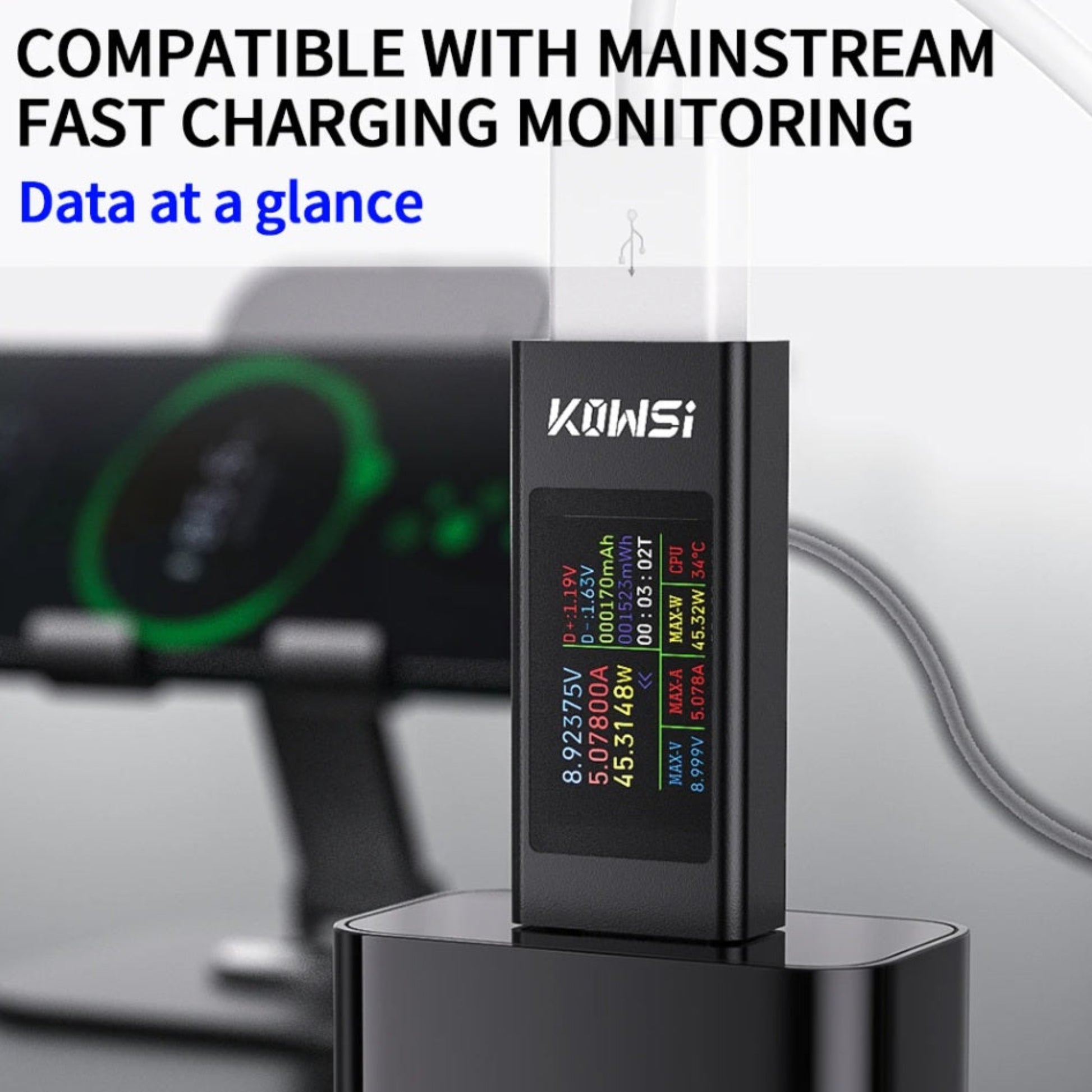 USB multimeter monitoring mainstream fast charging data on a smartphone with clear data-at-a-glance display.