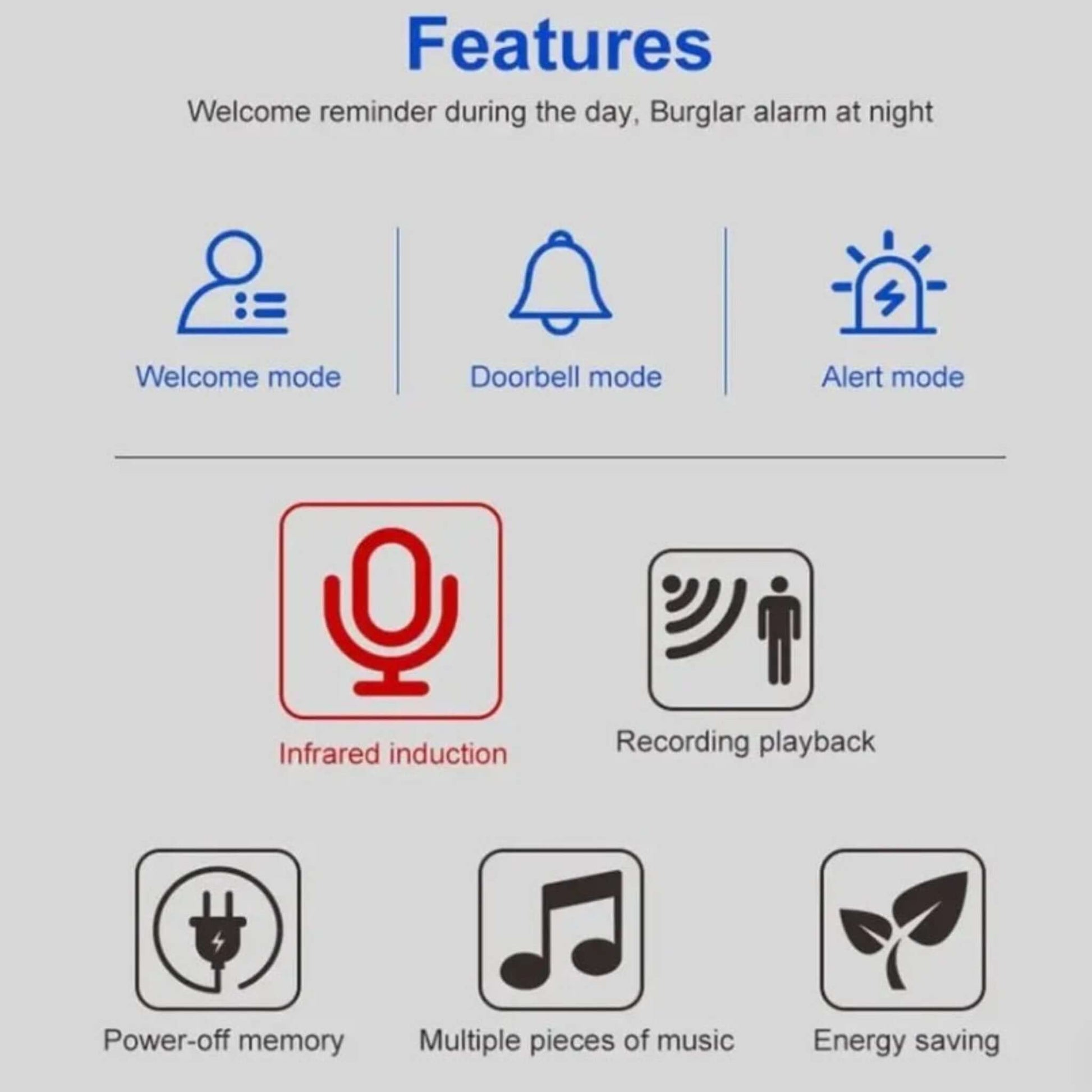 Feature list for the motion sensor alarm including welcome mode, doorbell, alert mode, and custom voice recording playback.