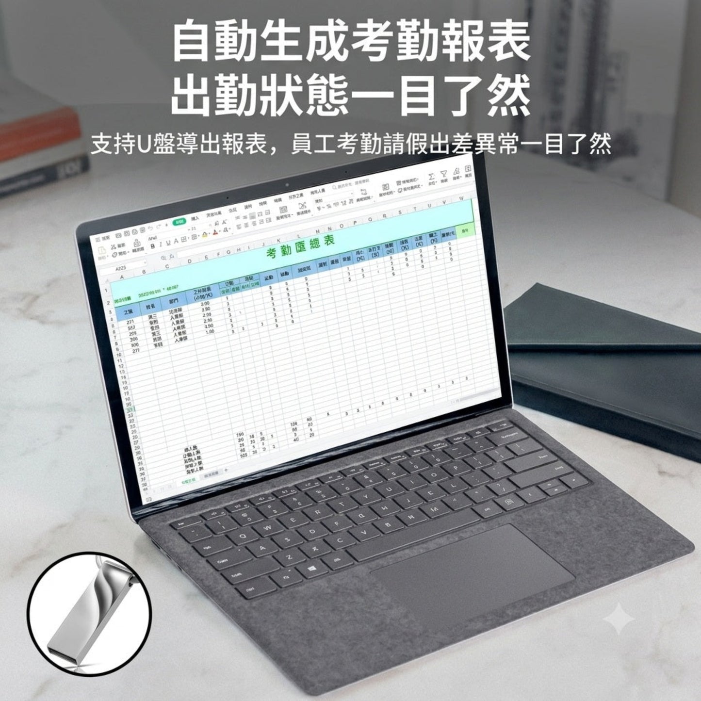 透過 USB 匯出的 FFI i60 考勤報表。系統自動生成清晰的 Excel 格式，員工出勤、遲到或請假狀況一目了然，方便計糧。