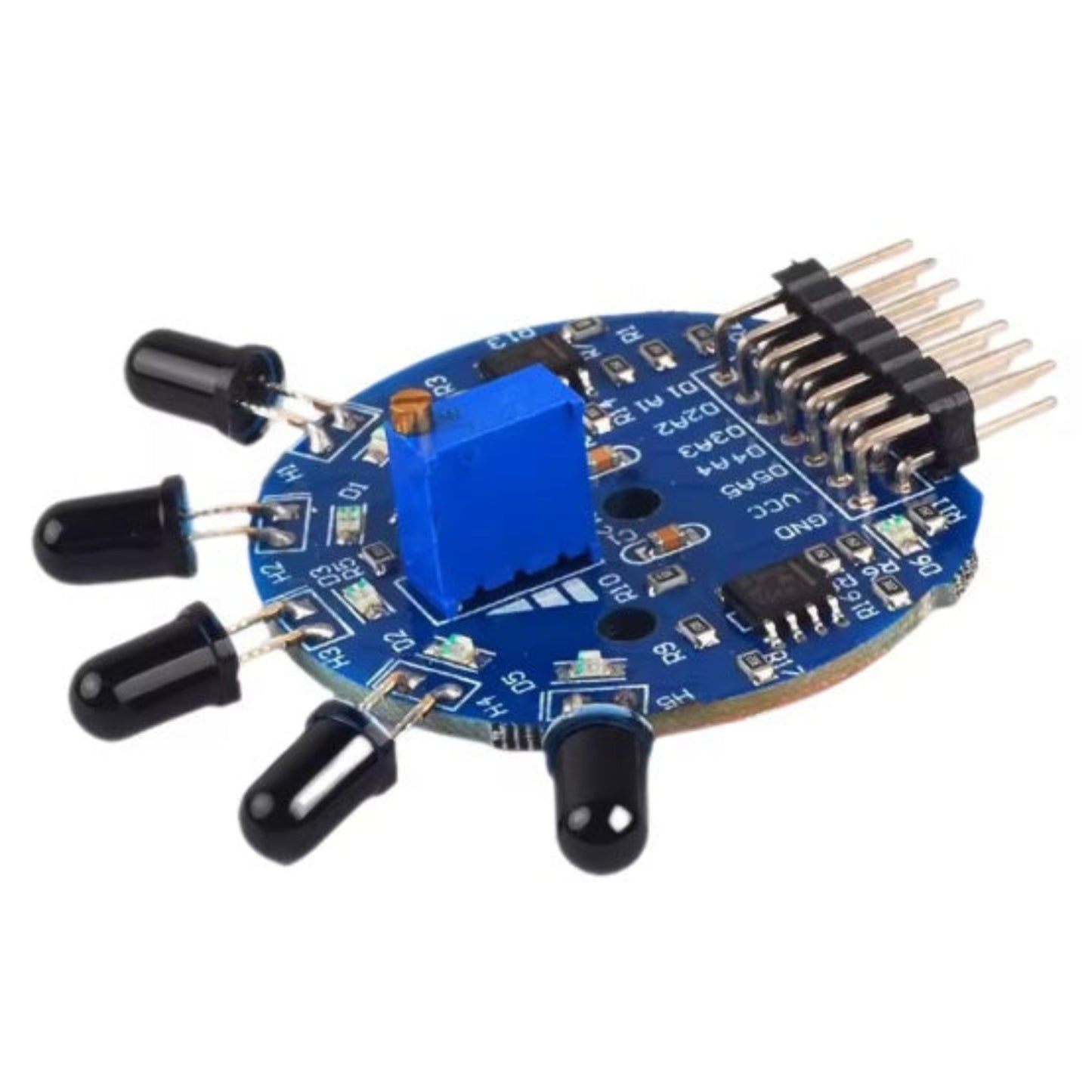 Angled view of fire detection module showing SMT components and LED indicators.