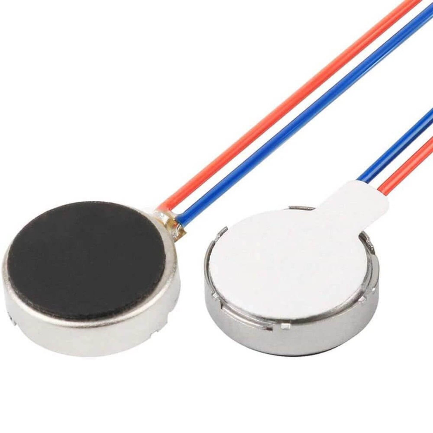 Mini vibration motors with red and blue wires, ideal for mobile phones and electronic devices.