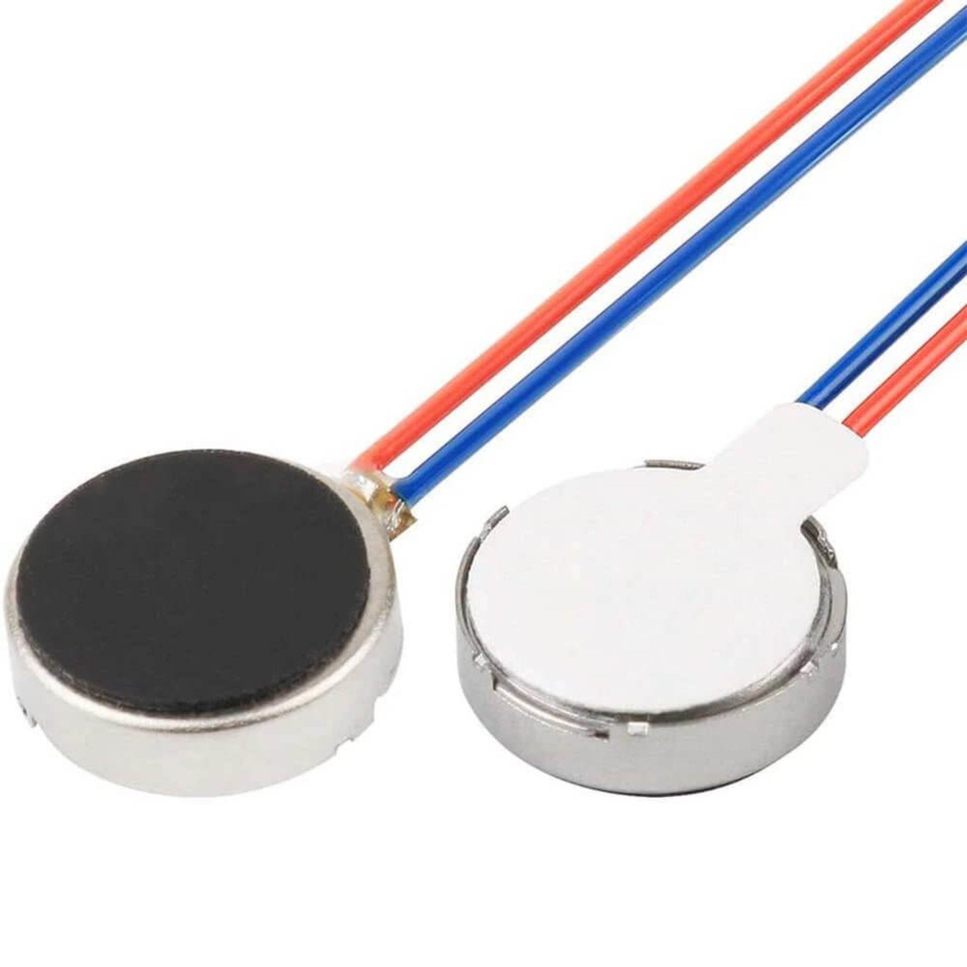 Mini vibration motors with red and blue wires, ideal for mobile phones and electronic devices.
