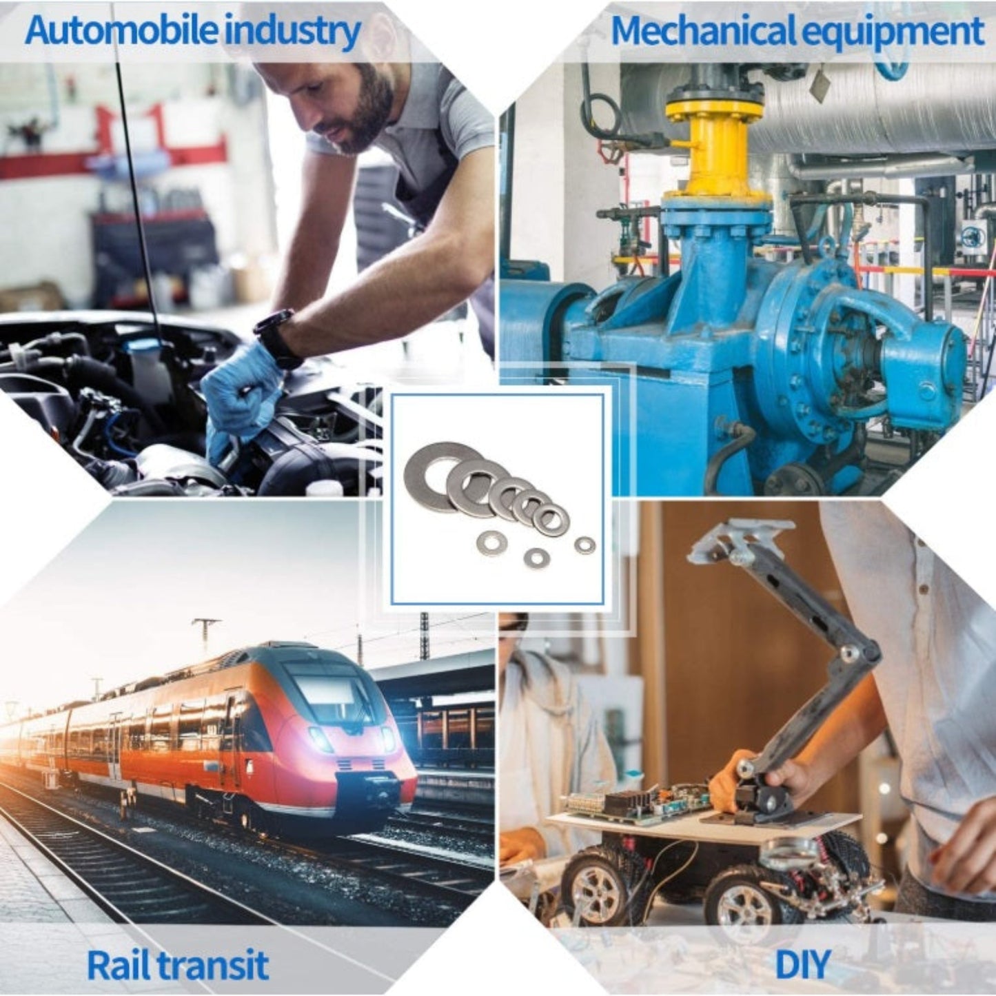 Examples of flat washer use in automotive, mechanical equipment, and DIY projects