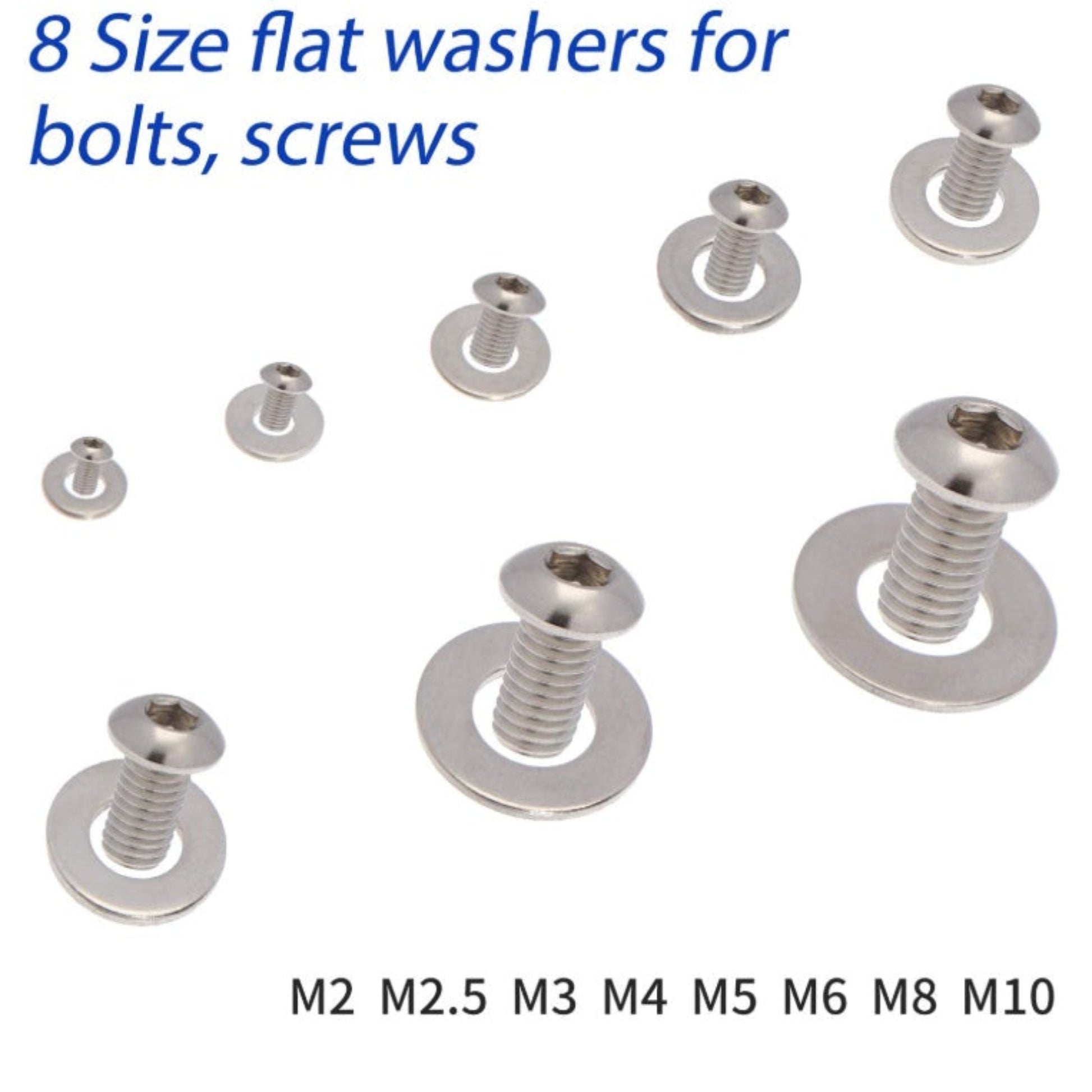 Stainless steel flat washers shown with matching bolts and screws for assembly