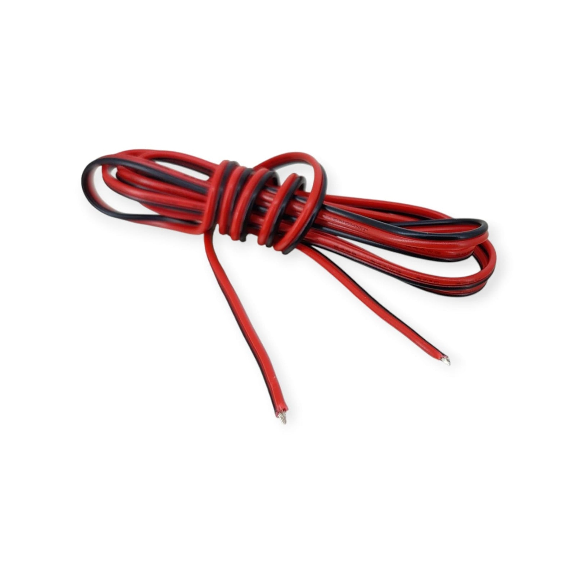 Close-up of the pre-stripped and tinned copper ends of the 24AWG red and black wire, ready for soldering.