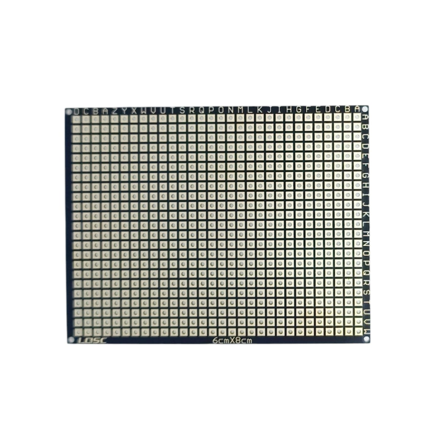 Top down view of a 6x8cm flexible PCB prototype board with a black finish and gold-plated pads.