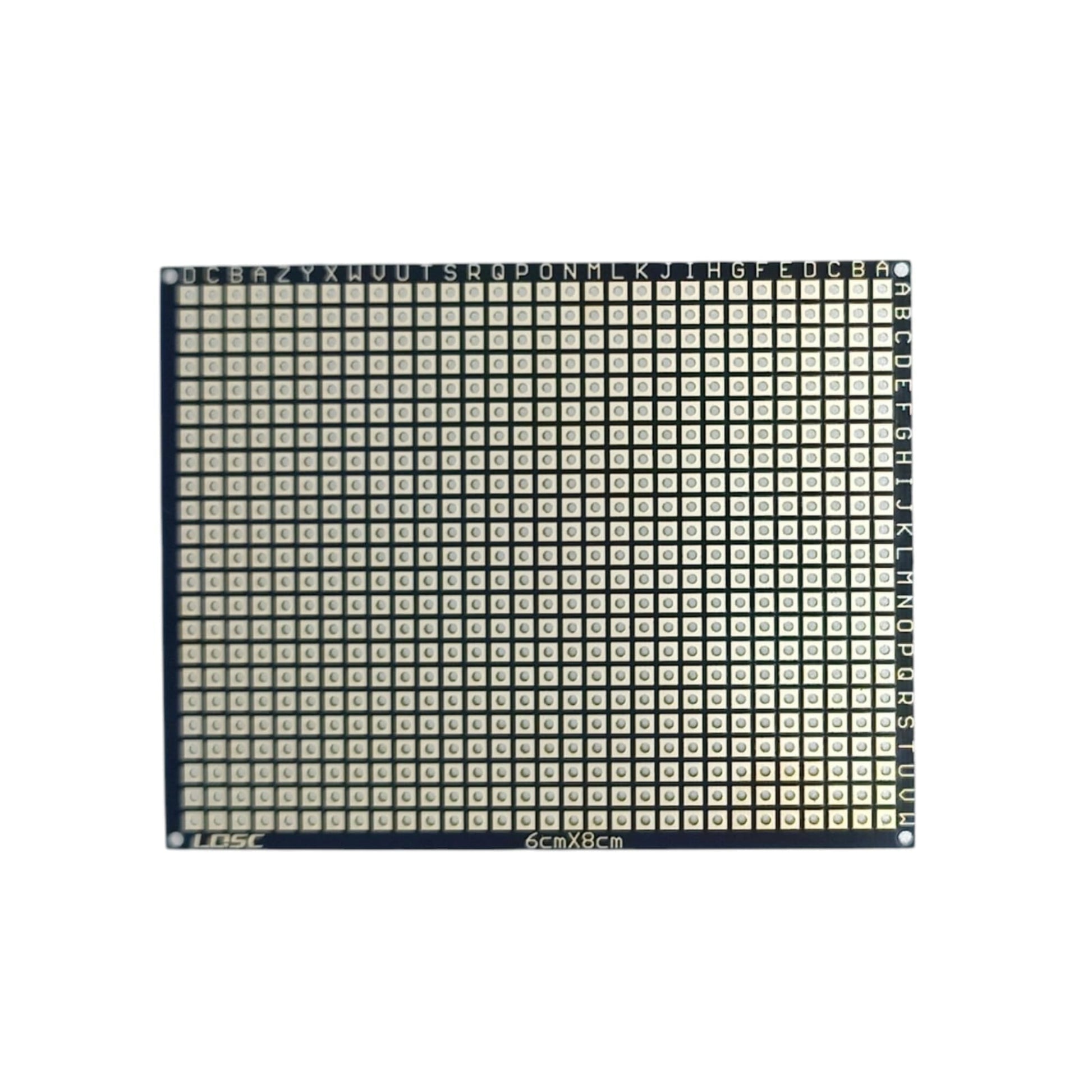 Top down view of a 6x8cm flexible PCB prototype board with a black finish and gold-plated pads.