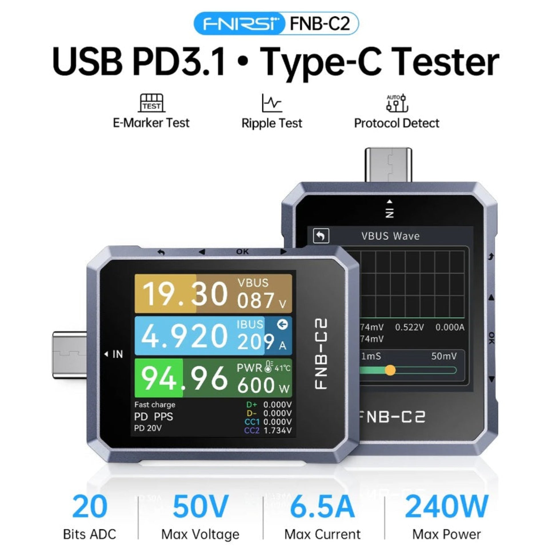 FNIRSI FNB-C2 showing E-marker test, ripple test, and auto protocol detection features.