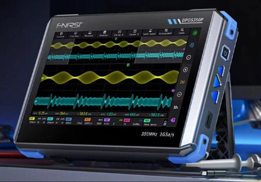 FNIRSI DPOS350P tablet oscilloscope displaying waveforms, showcasing 350MHz performance in a portable design.