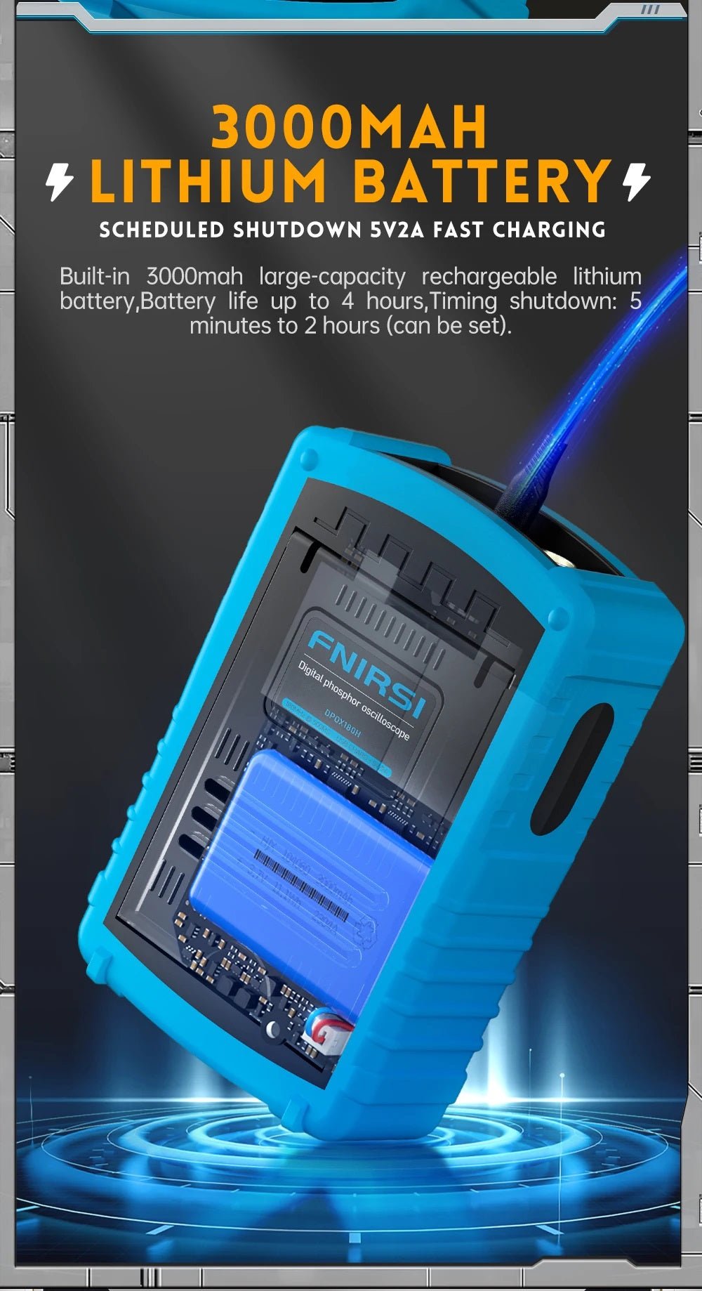 FNIRSI 3000mAh lithium battery with scheduled shutdown and fast charging capabilities.