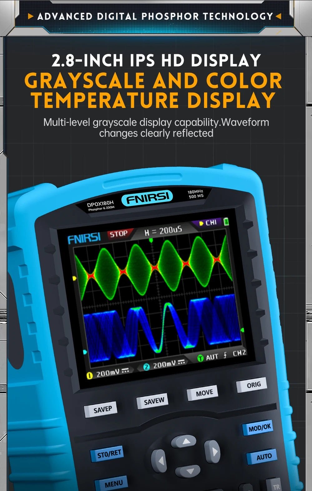 FNIRSI DPOX180H 2.8-inch IPS HD display showcasing grayscale and color temperature waveform changes.