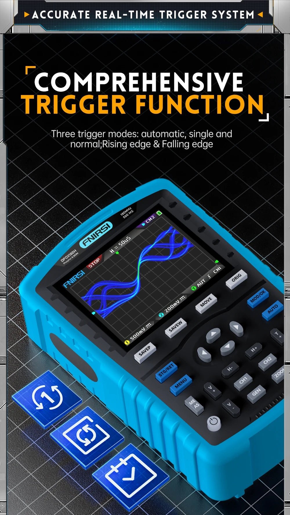 FNIRSI DPOX180H Digital Oscilloscope features comprehensive real-time trigger functions and user-friendly interface.