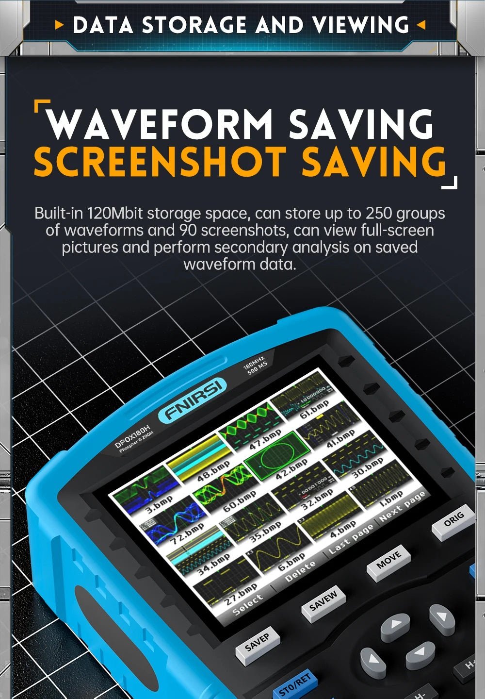 FNIRSI DPOX180H digital oscilloscope showcasing waveform and screenshot saving features with a clear display.