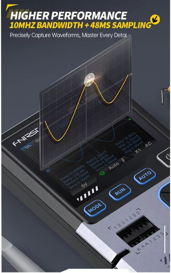 FNIRSI DSO-TC4 digital oscilloscope display showing 10MHz bandwidth and waveform sampling features.