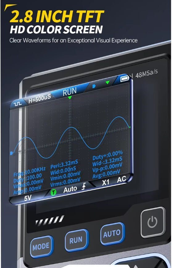 Close-up of FNIRSI DSO-TC4 digital oscilloscope's 2.8 inch TFT HD color screen displaying waveforms.