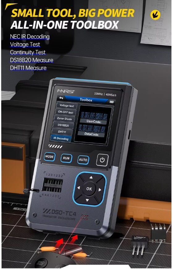 FNIRSI DSO-TC4 digital oscilloscope with multifunction display and testing features on a workbench.