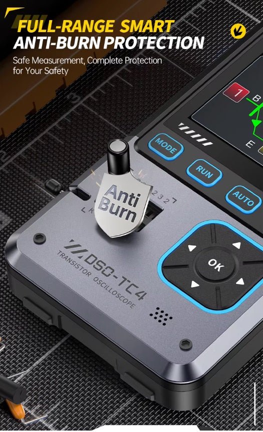 FNIRSI DSO-TC4 digital oscilloscope showing anti-burn protection feature for safe measurements and user safety.