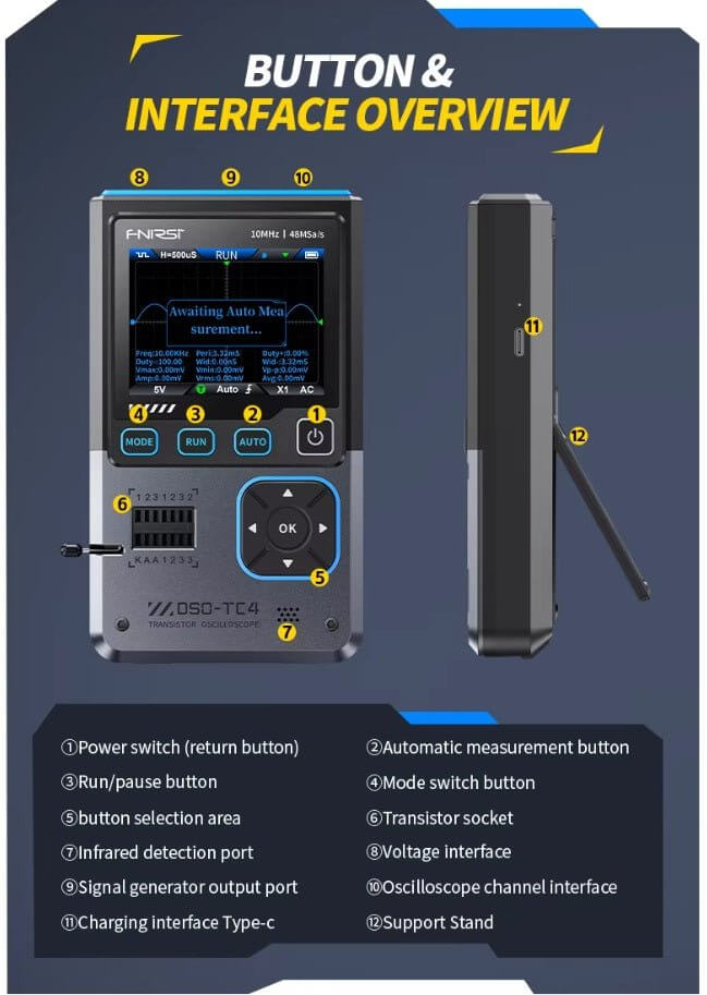 Overview of FNIRSI DSO-TC4 functions and interface buttons for effective electronic testing.