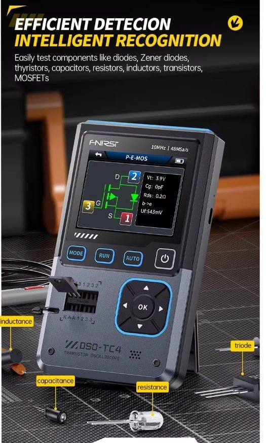 FNIRSI DSO-TC4 3-in-1 device displaying electronic component testing features on screen.